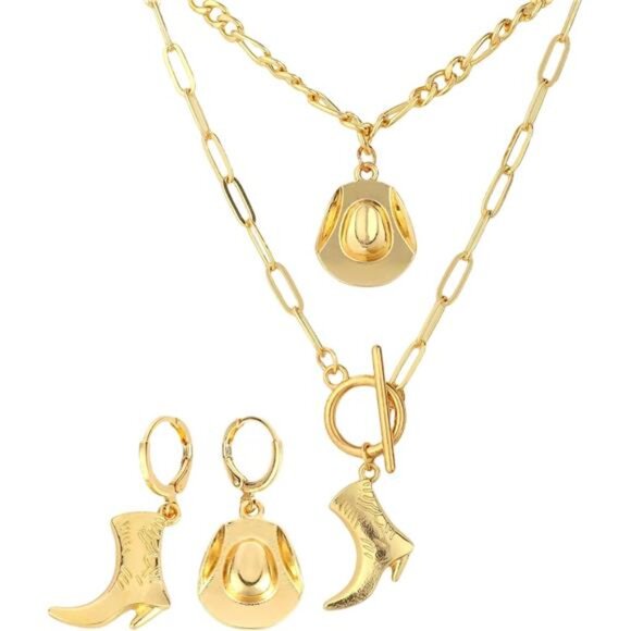3-Piece Western Cowgirl Jewelry Set for Women, Cowboy Boot & Hat Pendant - Picture 1 of 7